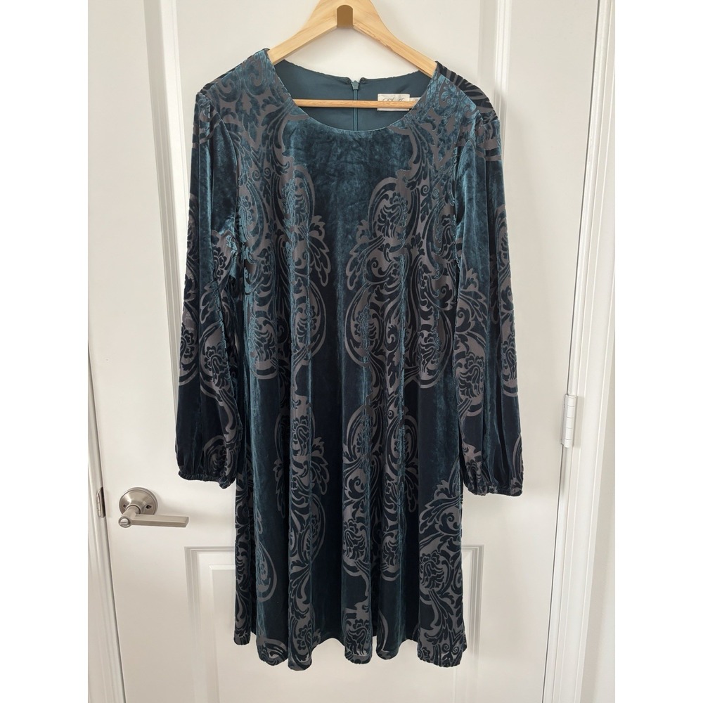 Elisa J Forest Green Burnout Velvet Damask Long Sleeve Dress Size 16W